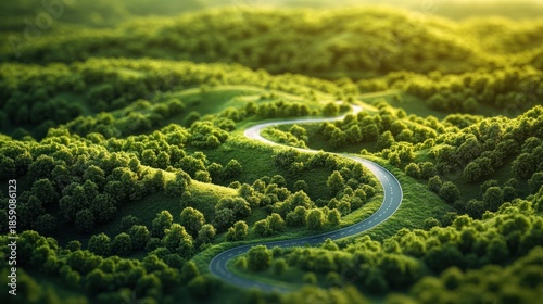 Serene Curving Road Through Lush Green Forest Landscape at Golden Hour