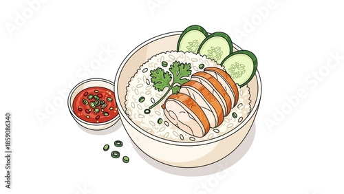Hainanese Chicken Rice Bowl Vector Illustration with Chili Sauce and Sliced Cucumber