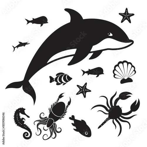 Marine Animal Silhouette Icon Set – Sea Life Vector Icons