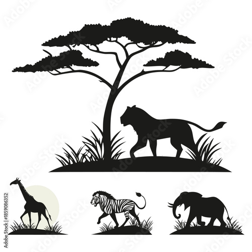 Safari Animal Silhouette Icon Set – Jungle Wildlife Vector Icons