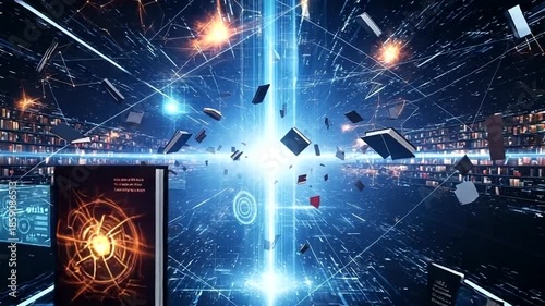Books floating in a digital library with glowing effects