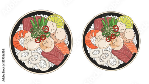 Asian Food Vector Icon Set, Ramen, Dim Sum, Fried Noodles, Yakitori Skewers, and Spring Rolls, Oriental Cuisine Illustration