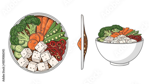 Healthy Tofu Buddha Bowl Vector Illustration with Fresh Vegetables, Broccoli, Carrots, and Snap Peas in Top and Side View