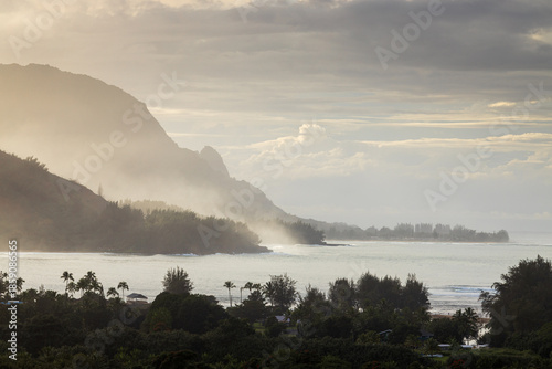 Misty Tropical Coastline at Hanalei Bay, Kauai