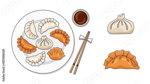 Vector Illustration of Dim Sum Dumplings, Pan-fried and Steamed Gyoza with Soy Sauce on Plate, Asian Food Concept, Japanese and Chinese Cuisine.