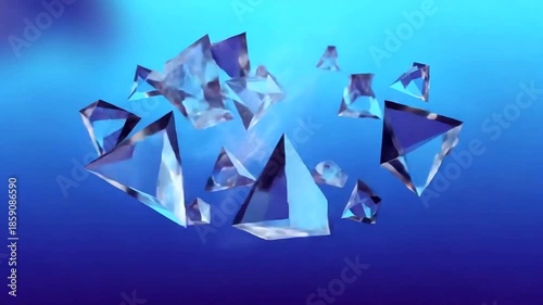 Floating crystalline shapes against a blue backdrop