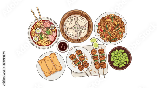 Asian Food Vector Set Illustration, Ramen, Dim Sum, Fried Noodles, Yakitori Skewers, and Spring Rolls, Oriental Cuisine and Restaurant Concept
