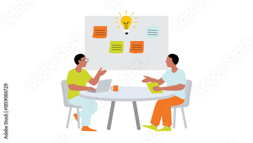 A collaborative workspace scene shows two people discussing ideas at a round table. Sticky notes on a board and a glowing lightbulb symbolize creativity and teamwork in a friendly office setting