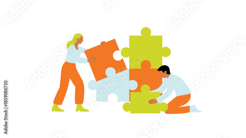 Two people collaborate to fit oversized puzzle pieces, symbolizing teamwork, problem solving, and unity. Bright colors convey positivity as they combine pieces