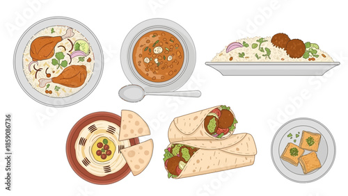 Middle Eastern Food Illustration Set: Hummus, Falafel Wrap, Chicken Mandi Rice, Lentil Soup and Baklava Dessert Vector