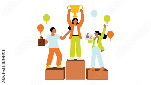 A vibrant illustration of friends celebrating a win on podiums, raising a trophy, and displaying an orange ribbon certificate. Balloons joyful gestures convey teamwork, achievement, festive success