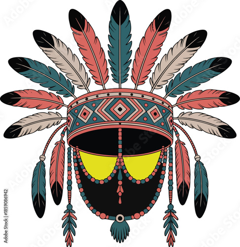 Vibrant Native American Headdress Vector Graphic Illustration with Feathers and Beads for Cultural Designs