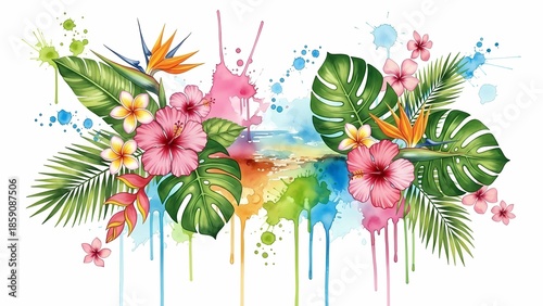 Tropical Watercolor Floral Composition with Hibiscus, Monstera Leaves and Colorful Paint Splashes