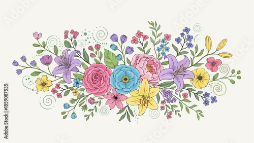 Beautiful floral arrangement with colorful blooming flowers and green leaves.