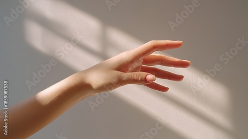 Elegant hand reaching out against a soft backdrop with gentle light and shadow, creating a serene and minimalist artistic impression