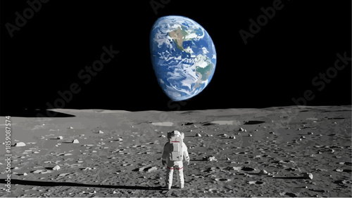 Astronaut standing on the moon looking at Earth.