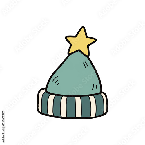 A cute, hand-drawn blue winter hat with a striped brim and a yellow star on top, perfect for holiday and seasonal designs.