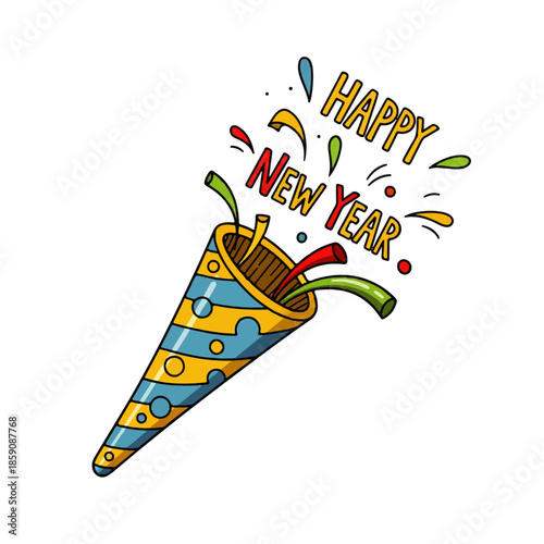 A vibrant illustration of a party popper bursting with colorful confetti and streamers, featuring 'Happy New Year' text, perfect for celebrations and festive greetings.