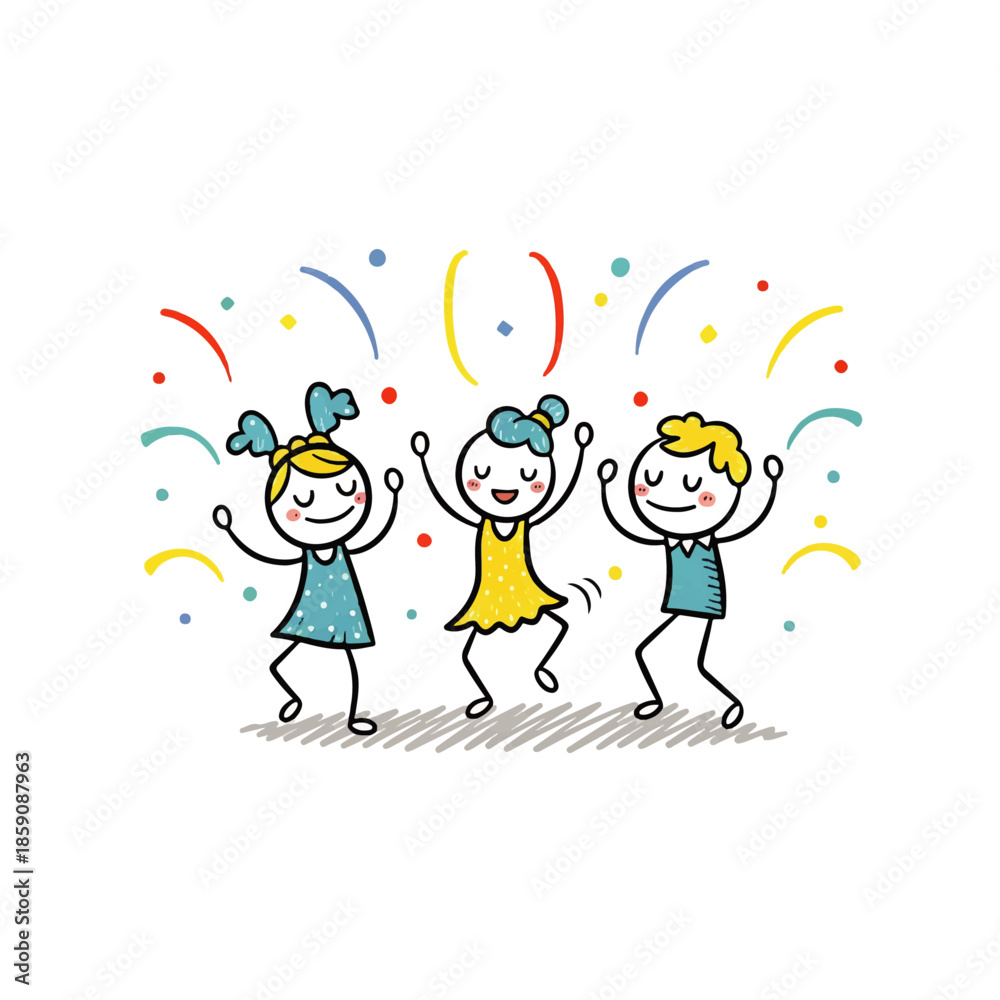 Fototapeta premium Happy stick figure kids dancing joyfully amidst colorful confetti, celebrating a party or special event. A fun, whimsical illustration perfect for children's themes.