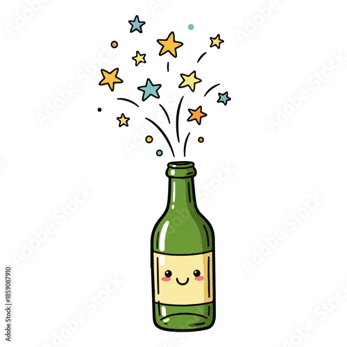A cute cartoon bottle with a happy face, popping open with a burst of colorful stars and confetti. Perfect for celebrations, parties, and festive occasions.