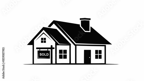Black and white illustration of a house with a sold sign.
