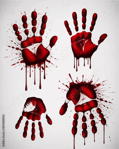 Bloody hand and mouth prints with red paint splatters.