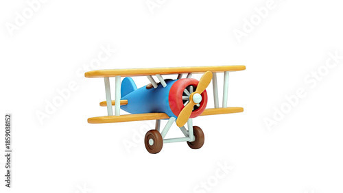 Blue toy biplane with orange wings and red propeller