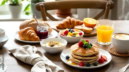 Breakfast table with pancakes, fruits, and drinks