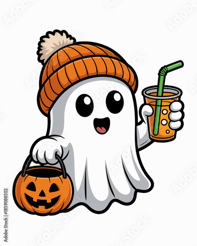 A cartoon ghost character wearing an orange beanie and holding a pumpkin bucket and a drink.