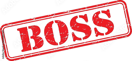 A detailed view of a red rubber stamp displaying the word boss in bold distressed lettering