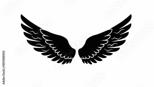 Elegant black angel wings spread wide against a clean white background.