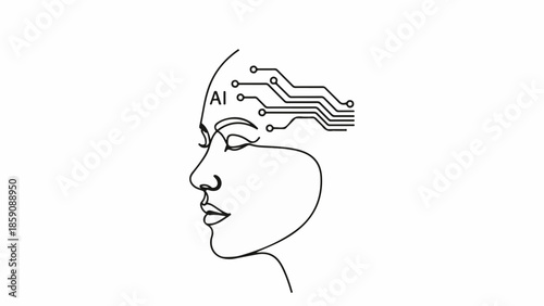 Abstract profile of a woman's head with AI circuit design integrated into her mind, symbolizing artificial intelligence and future technology.