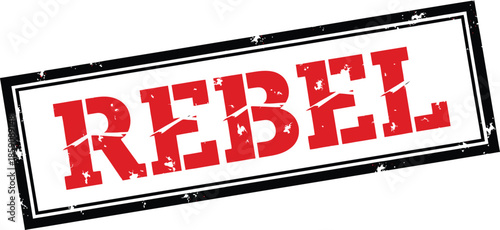 A striking image of a red rebel stamp with a bold font isolated on a clean white background clearly visible