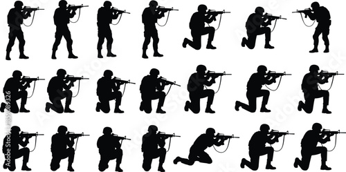 Military soldier aiming rifle silhouette set showing tactical kneeling and standing shooting poses isolated on white background illustration