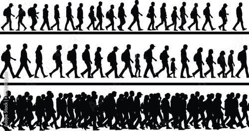 Crowd of people walking silhouette sequence showing daily commute, diverse ages and lifestyles, urban movement concept isolated on white background illustration