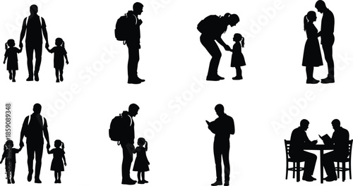 Father and child silhouette collection showing family care, parenting moments, daily life interactions, and loving relationships isolated on white background illustration