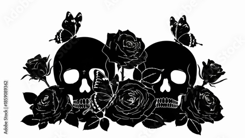 Dark romance of skulls, black roses, and delicate butterflies creates a gothic aesthetic.