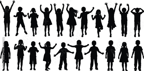 Happy children silhouette collection showing jumping, dancing, and playful poses, childhood energy and joy concept isolated on white background illustration