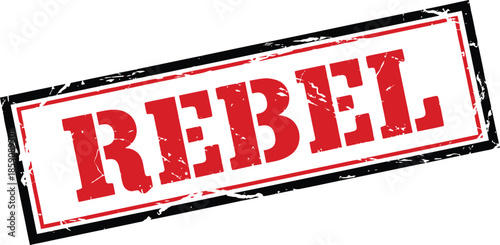 A striking rectangular stamp displaying the word rebel in bold red capital letters with a black outline