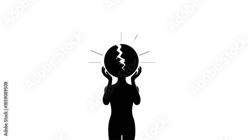 Silhouette of a person holding a cracked earth with radiating light, symbolizing hope and global challenges.