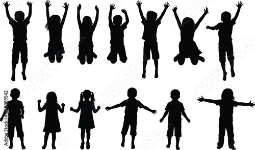 Happy children jumping silhouette set showing playful boys and girls celebrating joy freedom and energy isolated on white background illustration