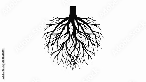 Intricate black tree roots spread out in a circular pattern on a white background, symbolizing growth and connection.