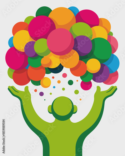 Person with colorful balloons floating above their head in a joyful and celebratory atmosphere.