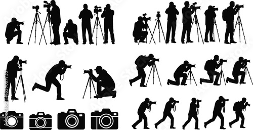Black silhouette photographers and videographers set showing camera shooting poses tripods and professional media equipment isolated on white background illustration