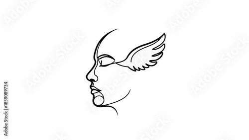 Elegant profile of a serene face with a single wing emerging from the eye.