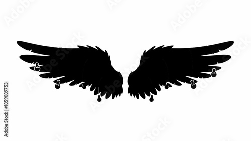 Dark, dramatic silhouette of feathered wings with dripping paint or blood.