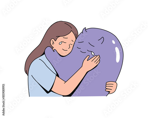 Comfort yourself when feeling sad. Self-Acceptance & Healing. Emotional Integration. Flat Vector Illustration. 