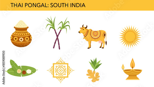 Thai Pongal icons pot sugarcane cow sun banana leaf meal rangoli ginger lamp