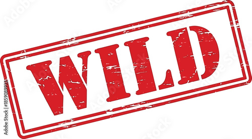 A striking red stamp displaying the word wild in bold uppercase letters against a clean white background