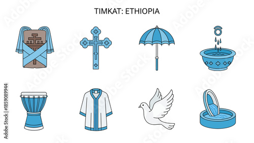 Set of eight blue and white icons related to the Ethiopian Timkat festival